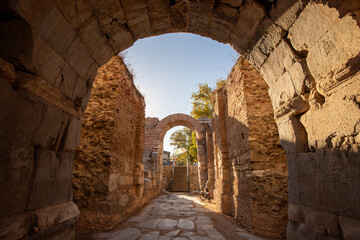 Lefke Gate (Lefke Kapi) of ancient Iznik Castle. Historical stone walls and doors of Iznik, Bursa.