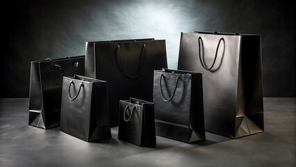 A collection of black shopping bags of various sizes on dark surface