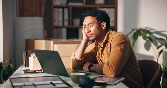 Delay, laptop and stress with man in logistics office for delivery, distribution or shipping fail. Backlog, computer and problem solving with unhappy employee in workplace for supply chain mistake