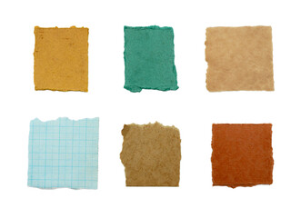 Fototapeta premium Collection of torn square paper scraps in assorted colors and textures isolated