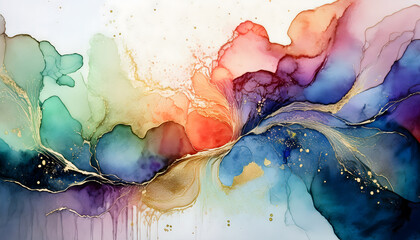 Fototapeta premium Abstract flowing alcohol ink with gold accents and rainbow colors