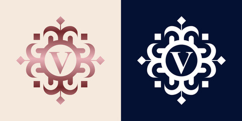 Letter V logo with luxury ornament logo in pink gradient color, for boutique, beauty, shop, jewelry industry, and beauty