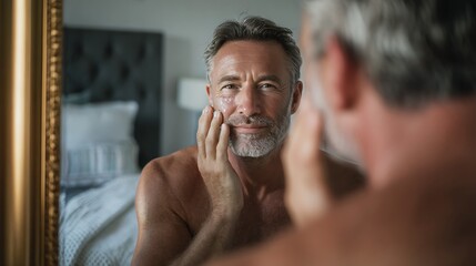 Fototapeta premium A 50s Latino man applies facial cream in front of a mirror in his bedroom.