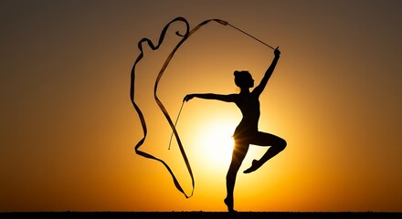 Silhouette of a gymnast performing with ribbon against sunset sky
