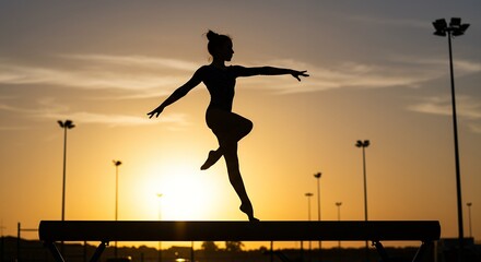 Silhouette of a person balancing on a beam against a sunset backdrop
