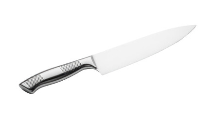 A knife with a metallic handle and a sharp blade on a white background.