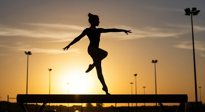 Silhouette of a person balancing on a beam against a sunset backdrop
