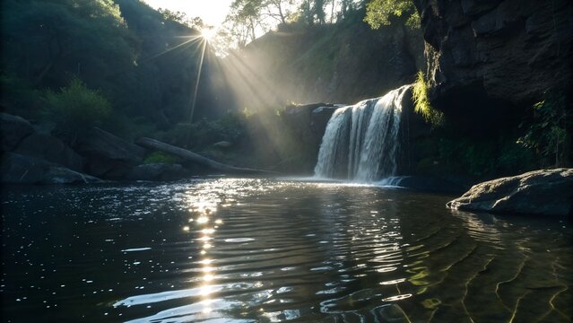 Small waterfall pouring into still pool, reflected sunlight creating bright dancing patterns on the surface, cinematic slow-motion realism - Powered by Adobe