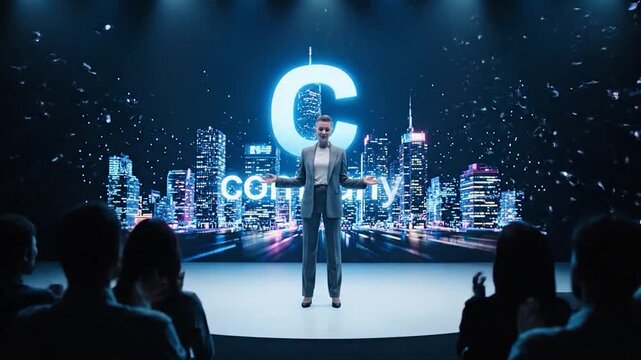 Businesswoman Presents Cityscape Hologram to Audience with Social Media Icons