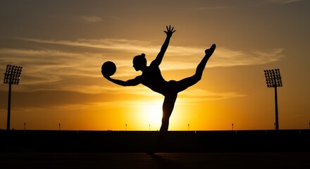 Silhouette of a person performing acrobatics with a ball at sunset against a stadium background