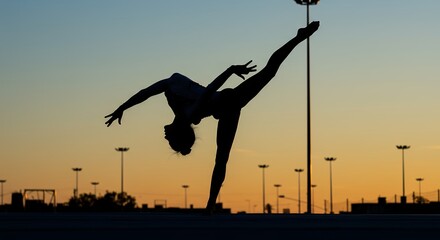 Silhouette of a person performing gymnastics against sunset sky with street lights