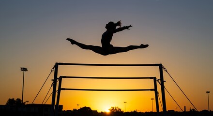 Silhouette of athlete mid air over hurdle during golden sunset