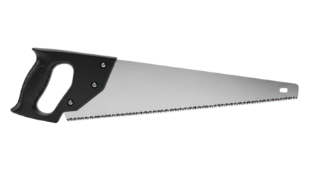 A hand saw with a black handle and silver blade on a white background.