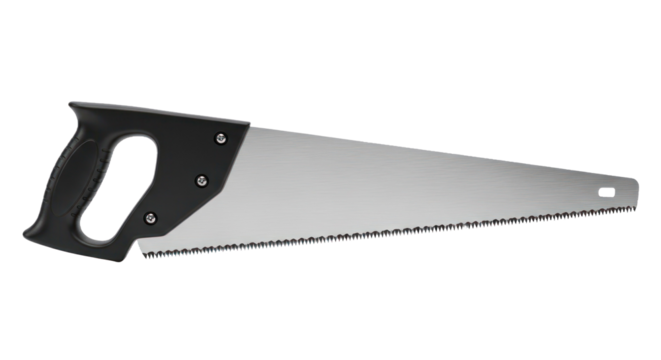 A hand saw with a black handle and silver blade on a white background. - Powered by Adobe
