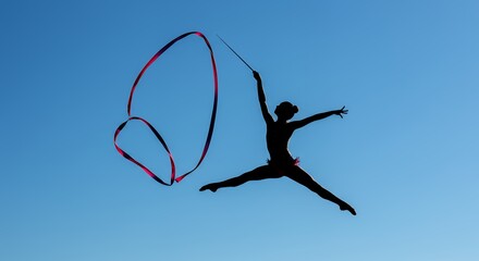 Silhouette of person performing gymnastics with ribbon against blue sky