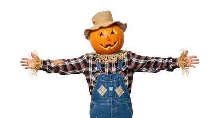 Obraz premium A pumpkin head scarecrow with a smiling face, wearing a straw hat and overalls, standing with arms outstretched against a white background.