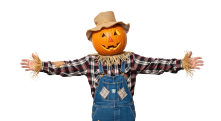 A pumpkin head scarecrow with a smiling face, wearing a straw hat and overalls, standing with arms outstretched against a white background.