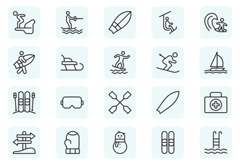 Surfing and Snowboarding Outline Icon Set – Extreme Water and Mountain Sports.Thin outline icons pack. Vector illustration