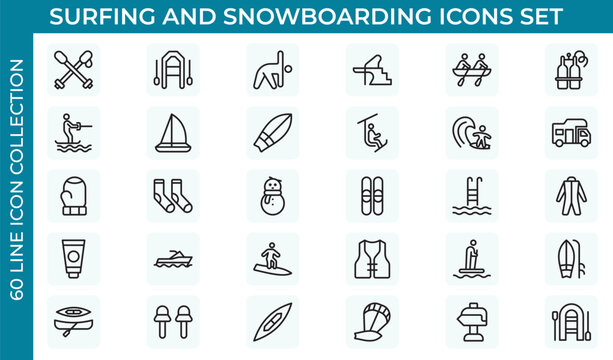 Surfing and Snowboarding Outline Icon Set &ndash; Extreme Water and Mountain Sports.Thin outline icons pack. Vector illustration