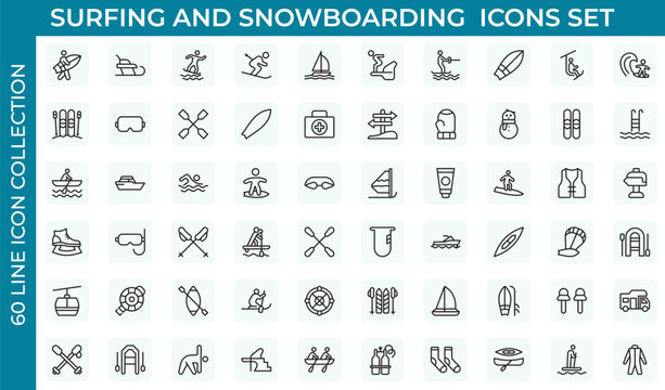 Surfing and Snowboarding Outline Icon Set &ndash; Extreme Water and Mountain Sports.Thin outline icons pack. Vector illustration