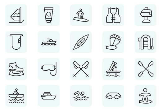Surfing and Snowboarding Outline Icon Set &ndash; Extreme Water and Mountain Sports.Thin outline icons pack. Vector illustration