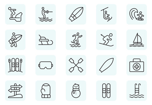 Surfing and Snowboarding Outline Icon Set &ndash; Extreme Water and Mountain Sports.Thin outline icons pack. Vector illustration