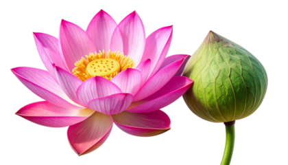 American Lotus flower and seed pod isolated on transparent background