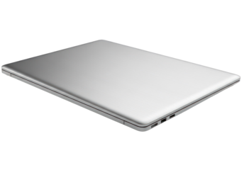 A sleek, silver laptop with a black screen and a white background.