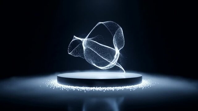 Ethereal light sculpture floating above a circular platform in dark space