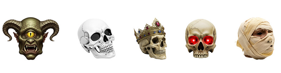 A green and yellow monster head with horns and an eye, with a white background.