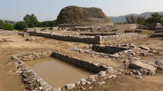 Dharmarajika Stupa compound view showing sacred pond once used by Buddhist monks for ritual purification in ancient Taxila ruins