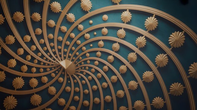 Stunning golden floral pattern on deep teal background creating a mesmerizing spiral effect, perfect for elegant design projects and upscale branding initiatives