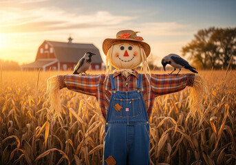 Charming and Friendly Scarecrow in a Golden Cornfield at Sunset with Crows and a Rustic Farm Background - Halloween Theme