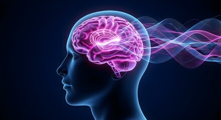Glowing pink human brain inside a head profile with abstract digital waves flowing outward. Mental health and creative thought power. Visualization of a high-functioning mind and idea generation