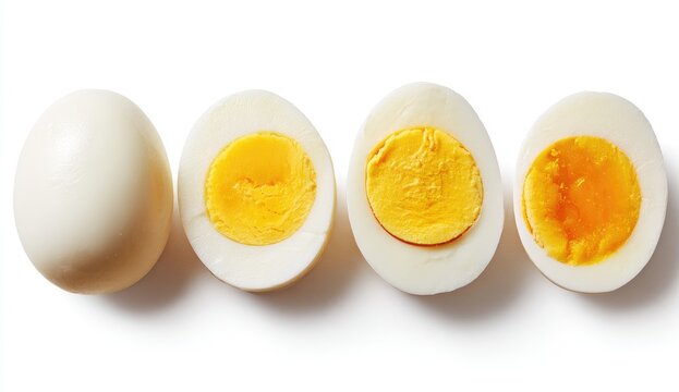 Three hard-boiled eggs, whole and halved, arranged horizontally against a white background.  The yolks are bright yellow and visible within the egg whites