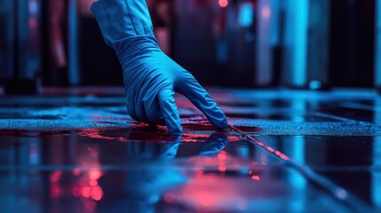 Forensic Investigator Examining Blood Evidence Under Blue and Red Lights