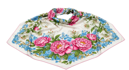 A white scarf with floral patterns and dimensions of 90cm x 90cm.