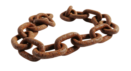 A large, rusted chain with a white background.