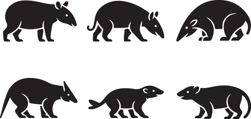 Six diverse animal silhouettes on white background