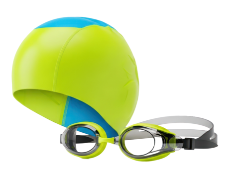 A pair of green and blue swimming caps and goggles on a white background.