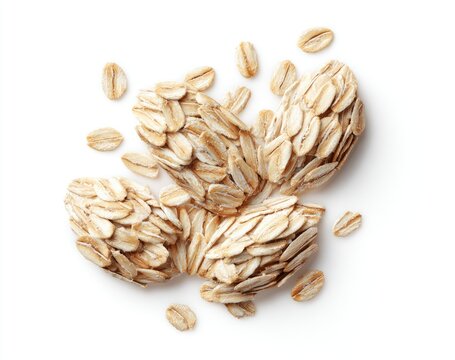 Four oat clusters, scattered flakes,  light brown,  on white background