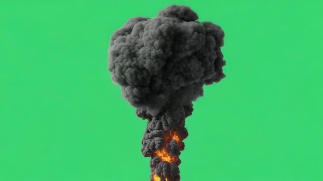 Massive dark smoke plume erupting upwards with fiery base on green screen background dramatic explosion effect for action