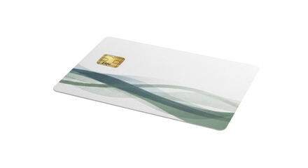 A white credit card with green wave design and a chip on the front.