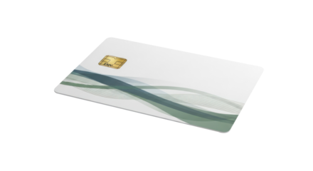 A white credit card with green wave design and a chip on the front.