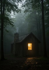 Cozy cabin glowing in the foggy forest during evening  