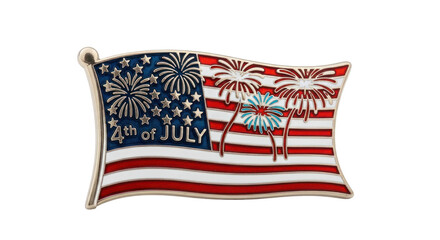 A patriotic American flag pin with fireworks and the words '4th of July' on it.