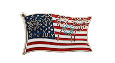 A patriotic American flag pin with fireworks and the words '4th of July' on it.