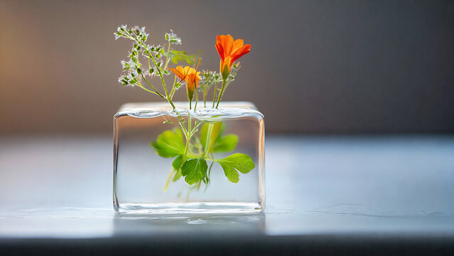 artistic presentation, featuring a chef's compliment with fresh herbs and edible flowers in clear glass, food blogs, social media campaigns, premium hospitality visuals, cocktail parties advertising, 