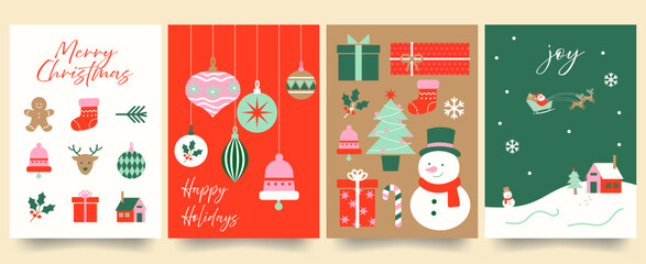 A flat vector Christmas card collection featuring cute holiday illustrations, snowman, ornaments, gifts, reindeer, and cozy winter scenes. Perfect for greeting cards, and posters.