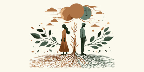 Fototapeta premium Couple's differing perspectives represented by roots and branches, symbolizing relationship growth and divergence